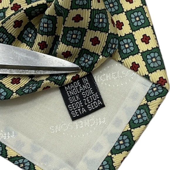 MICHELSONS Yellow/Green Geometric Floral Silk LUXURY Tie ENGLAND - Picture 4 of 5